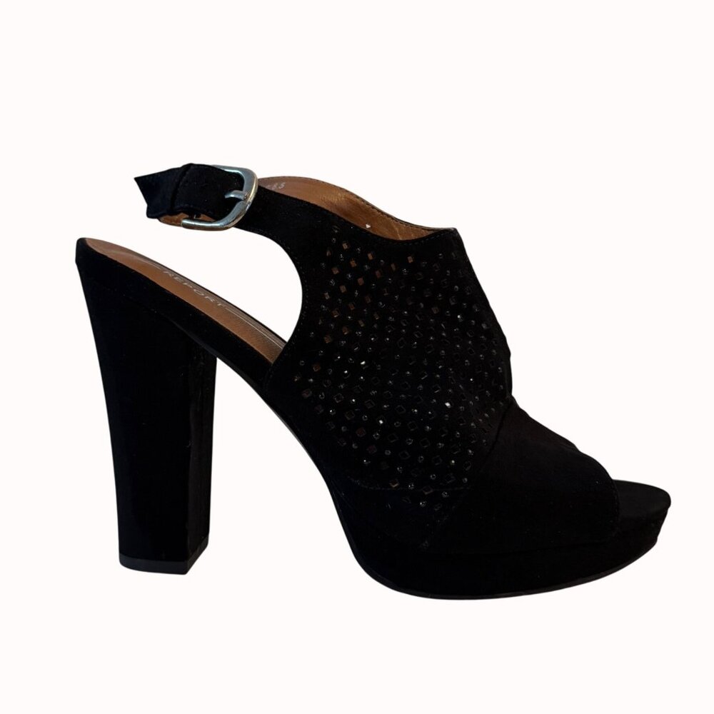Report Black Chunky Block Heels Larz Sandals 8.5 Perforated Design Faux Suede